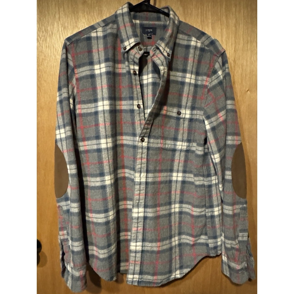 J Crew Shirt  Med  Grey Plaid Brushed Flannel Button Up Elbow Patch Outdoors